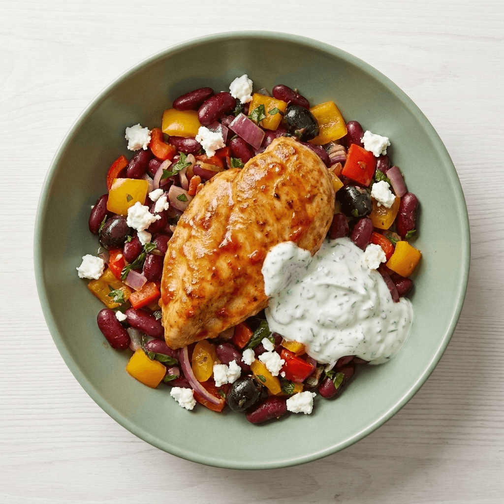 Gebratenes Hühnerfilet in Pomodoro Sauce mit Antipasti-Feta Gemüse & Joghurt-Kräuter Dip – frisch gekochtes Tagesgericht von Topf & Deckel Wien