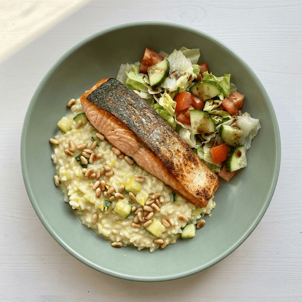 Gebratenes Lachsfilet auf cremigem Zitronen-Zucchini-Risotto mit gerösteten Pinienkernen & gemischtem Salat – frisch gekochtes Tagesgericht von Topf & Deckel Wien