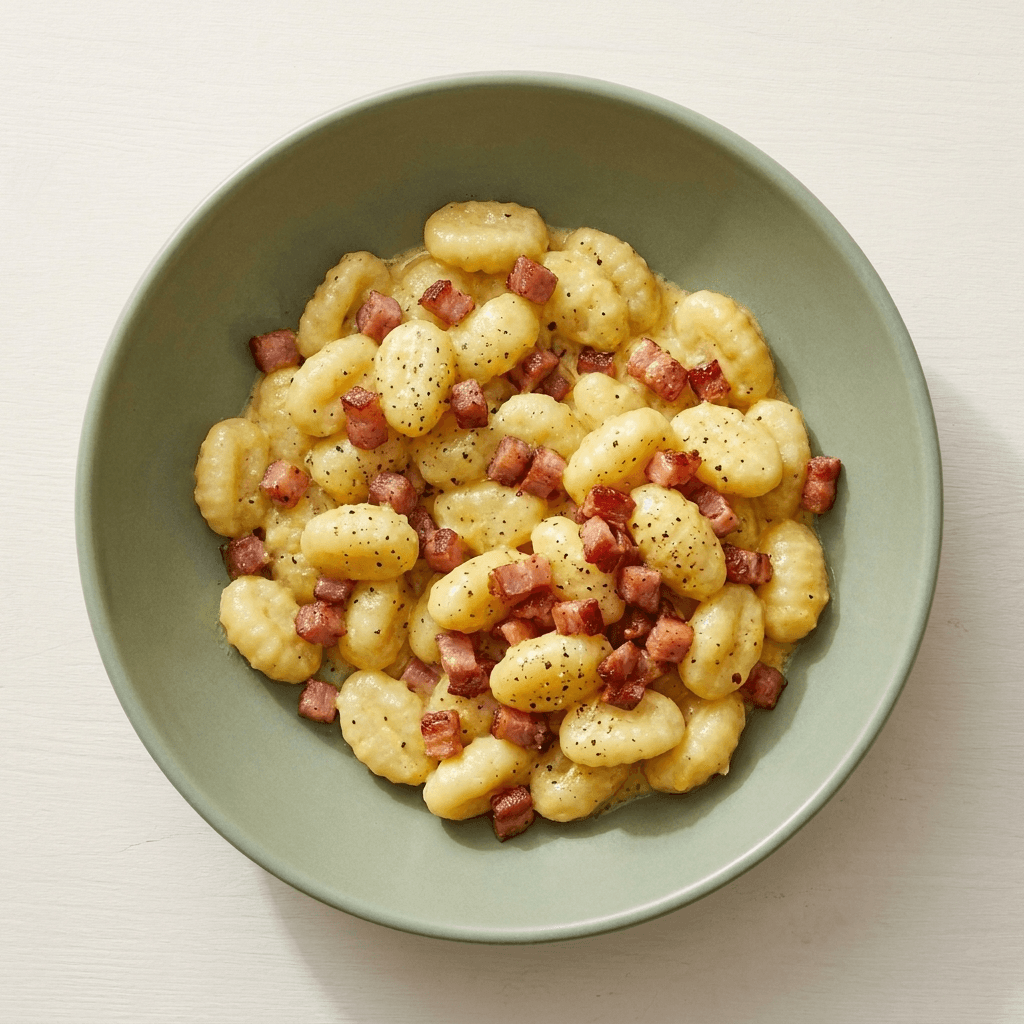 Cremige Gnocchi Carbonara mit geröstetem Speck, Parmesan & frischem Blattsalat – frisch gekochtes Tagesgericht von Topf & Deckel Wien
