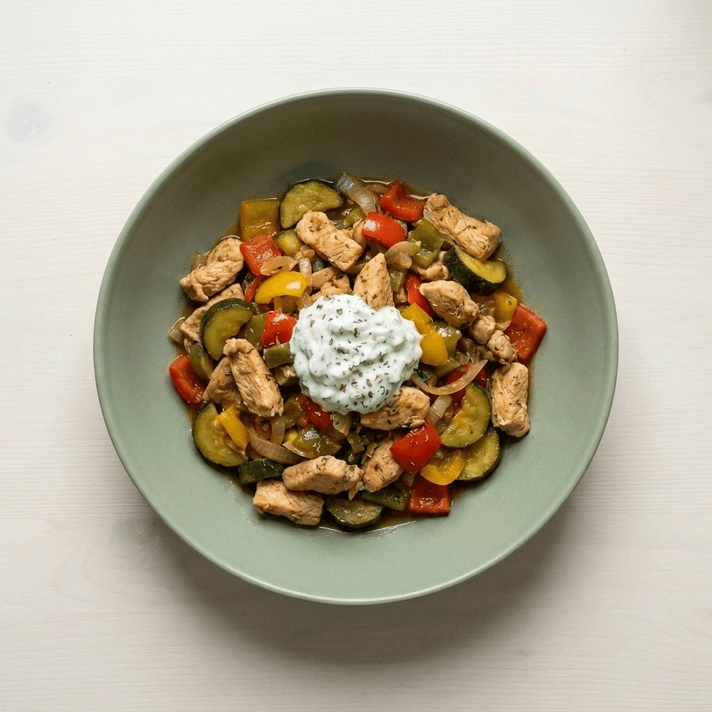 Griechische Hühnerpfanne mit Bratkartoffel, Schmorgemüse, Tzatziki & grünem Salat – frisch gekochtes Tagesgericht von Topf & Deckel Wien