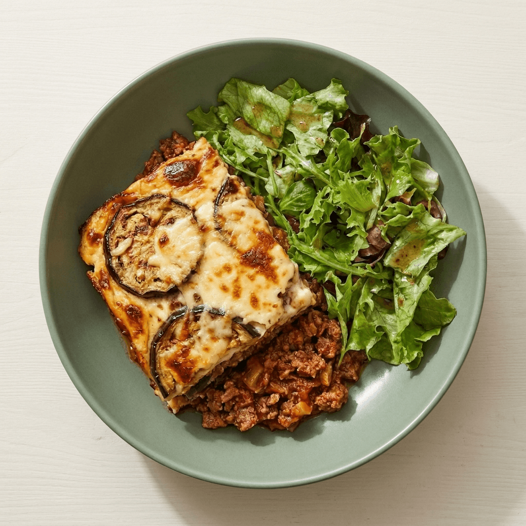 Griechisches Moussaka aus dem Ofen mit Fleischragout, Schmormelanzani & grünem Salat