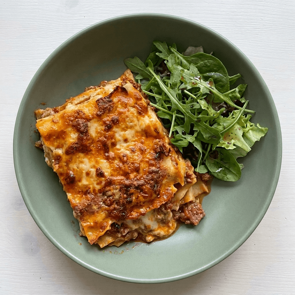 Ofenfrische Lasagne Bolognese mit herzhaftem Fleischragout, Mozzarella & grünem Salat – frisch gekochtes Tagesgericht von Topf & Deckel Wien