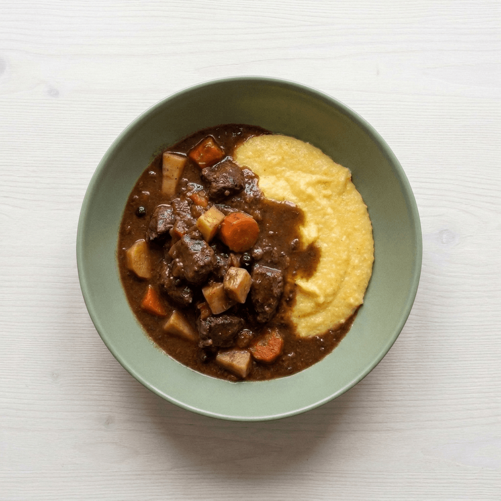 Rehragout in Wacholdersauce mit Wurzelgemüse & Kräuterpolenta – frisch gekochtes Tagesgericht von Topf & Deckel Wien