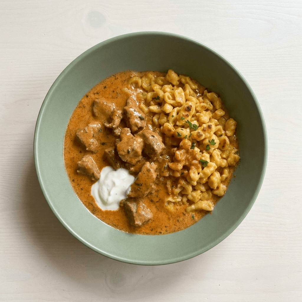 Kalbsrahmgulasch mit Eierschwammerl, Kräuterrahm Dip & Spätzle – frisch gekochtes Tagesgericht von Topf & Deckel Wien