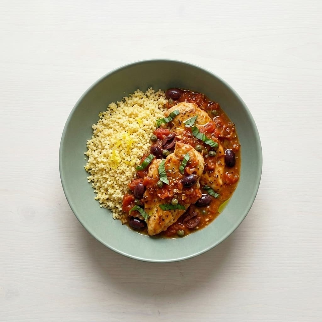 Huhn in mediterraner Tomatensauce mit Oliven & Kapern & Kräutercouscous – frisch gekochtes Tagesgericht von Topf & Deckel Wien