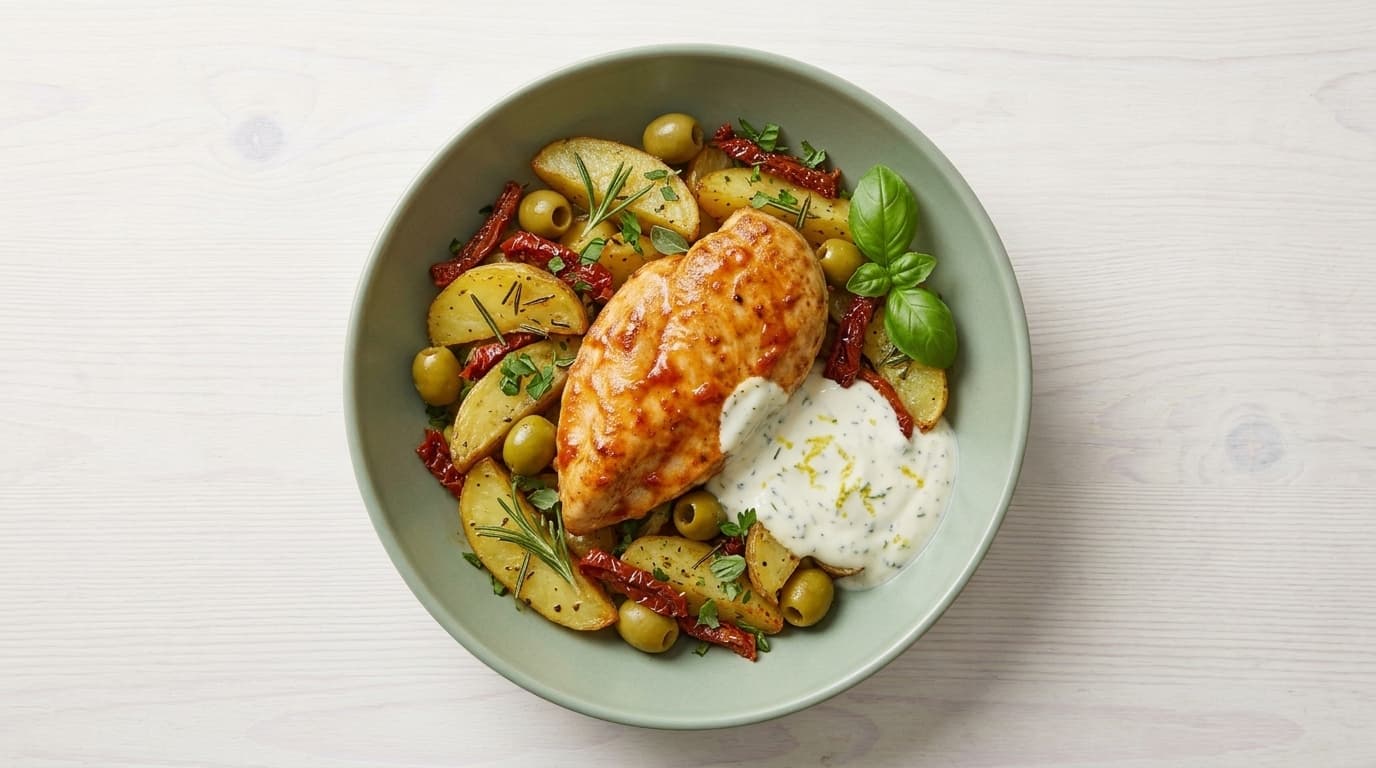 Italienische Hühnerpfanne mit Rosmarinkartoffeln, grünen Oliven, getrockneten Tomaten & Zitronen-Kräuter Dip – frisch gekochtes Tagesgericht von Topf & Deckel Wien