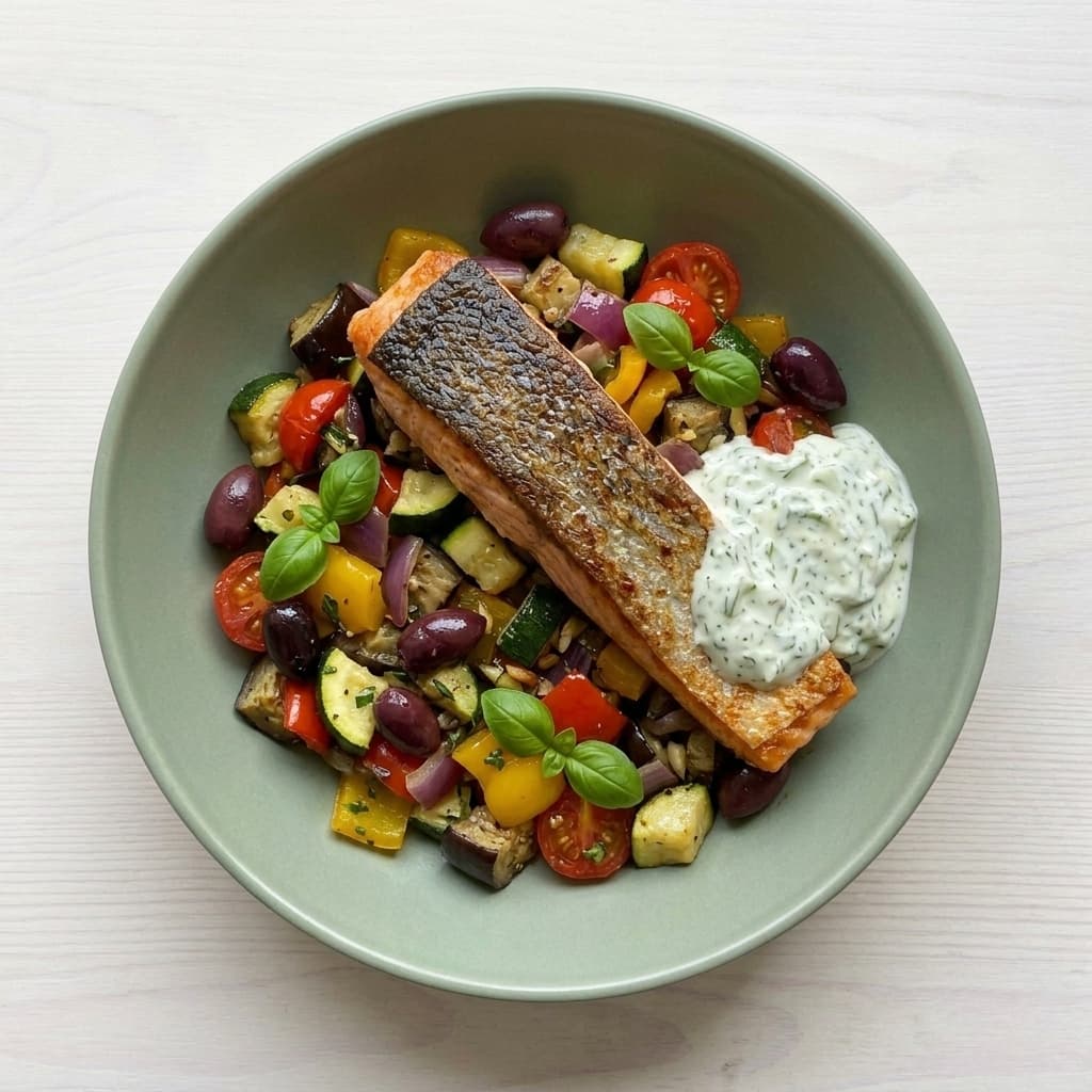 Saftig gebratenes Lachsfilet auf mediterranem Schmorgemüse & frischem Blattsalat – frisch gekochtes Tagesgericht von Topf & Deckel Wien